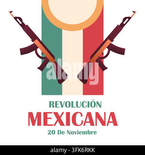Sozialmedia-Banner des Revolucion Mexicana-Platzes mit gekreuzten Gewehren und Flagge Stock Vektor