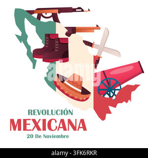 Sozialmedia-Beitrag für den Revolucion-Mexicana-Platz mit Silhouette der Mexiko-Karte Stock Vektor