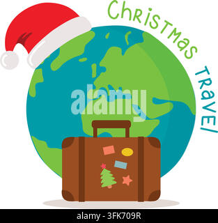Weihnachtsreise rund um die Welt mit Koffer und Weihnachtsmannmütze Vektorillustration Stock Vektor