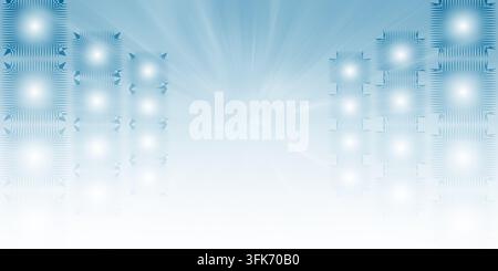 Ein abstrakter digitaler Hintergrund mit leuchtenden quadratischen Lichtmustern, die in vertikalen Spalten angeordnet sind, vor einem hellen, strahlenden blau-weißen Gradienten Stockfoto