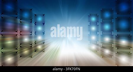 Abstrakter Hintergrund mit einem blauen und weißen Tunneleffekt mit symmetrischen leuchtenden quadratischen Mustern und radialen Lichtstreifen, der eine dynamische Zukunft erschafft Stockfoto
