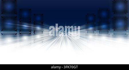 Abstrakte digitale Kunst mit leuchtenden blauen Quadraten, die in Spalten angeordnet sind, mit intensiven weißen Lichtstreifen, die vom Zentrum ausgehen und ein Gefühl von Stockfoto