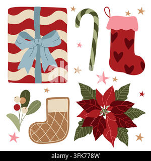 Weihnachtsillustrationsset, Strumpf, Zuckerstange, Geschenk, Lebkuchen, Mistelzweig, rote Weihnachtssternblüte für Feiertagsverpackungen Stock Vektor