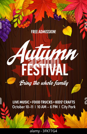 Autumn Fall Festival Event Party Flyer, Saisonernte und Laub auf Holzgrund. Vektor für festlichen Markt oder Familienfeier-Event Einladung Stock Vektor