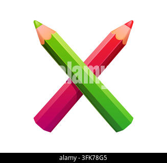 Cartoon-Bildschriften-Buchstabe X, gebildet aus zwei gekreuzten farbigen Bleistiften. Verspieltes Schreibwaren-Alphabet-Stück mit grünen und roten Bleistiften für Nachhilfezentren Stock Vektor