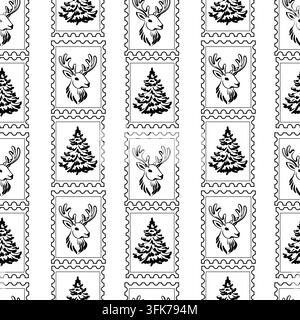 Weihnachtsbriefmuster Hirsch Baum Postvektor nahtlose Wiederholung Illustration Rentier Tanne. Hirschporträts und geschmückte Immergrüne wechseln sich ab, wie Stock Vektor