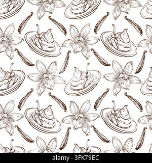 Vanille-Creme-Pod-Blumen-botanisches-Dessert-Lineare-Vektor-nahtloses-Muster-Illustration-Motiv, das cremige kulinarische Elemente mit Vanilleschoten kombiniert und Stock Vektor