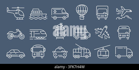 Satz von Transportlinien-Symbolen. Minimale Umriss-Symbole von Fahrzeugen für Reisen, Logistik und öffentliche Verkehrsmittel-Navigation für modernes Interface-Design. Vektor-minimale isolierte Illustration für Logo oder Emblem Stock Vektor