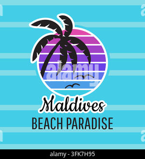 Palmenbaum-Sonnenuntergang-Abzeichen. Tropisches Inselurlaub-Emblem mit gestreiftem Farbverlaufskreis, Typografie für Reise- und Resort-Branding. Strandurlaube. Vektor-minimalistischer flacher Stil, isolierte Illustration Stock Vektor