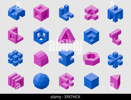 Isometrische Treppenformen. Unmögliches Treppenwürfel-Logo, abstrakte Gebäudekonstruktion oder 3D-Pixel-Illusion, einfacher Turm, perspektivische Grafikarchitektur. Symbol der digitalen Technologie. Vektor-isolierter Satz Stock Vektor