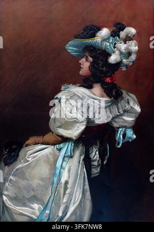 Entlarvt, Aquarell von Emil Brack, junge Frau sitzt auf einem Stuhl, Maske in der Hand, Ballkleid, reich verzierter Hut mit Federn, langes schwarzes Haar, sitti Stockfoto
