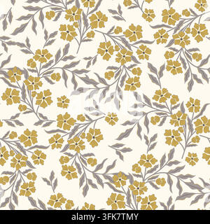 Senfgelbes Blumenmuster mit grauen Blättern auf Cremefarben. Vintage nahtloses botanisches Ornament mit zarten verzweigten Zweigen. Dekorativer Vektor Stock Vektor