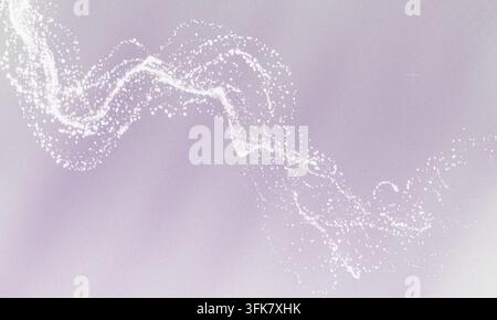 Ein dynamischer Strom aus leuchtenden weißen Partikeln, die eine flüssige, wellenförmige Bewegung gegen einen texturierten, weichen Lavendelgradientenhintergrund bilden. Stockfoto