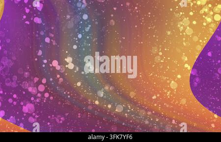 Lebendiges abstraktes Design mit wirbelnden Wellen in Lila, Orange und Gold, verfeinert mit funkelnden Punkten und einer leuchtenden Textur. Stockfoto
