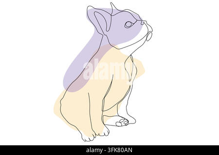 Sitzender französischer Bulldoggen-Welpe als ein einziger durchgezogener Linien-Kunstvektor. Hunde-Kritzel in Ein-Linien-Stil mit bunten Punkten. Stock Vektor