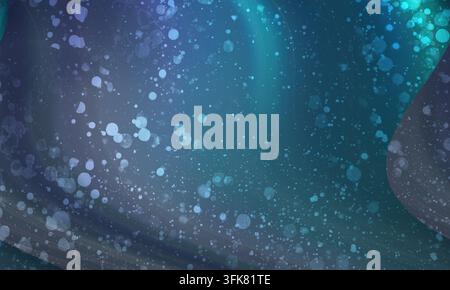 Abstrakter blauer Hintergrund mit wirbelnden Wellen und zahlreichen leuchtenden Partikeln, die einen träumerischen und kosmischen Effekt erzeugen. Stockfoto