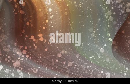Ein lebendiger abstrakter Hintergrund zeigt wirbelnde Flüssigkeitswellen und zahlreiche Lichtpartikel, die erdige Brauntöne und sanfte Grüntöne für einen traumhaften Effekt vermischen Stockfoto