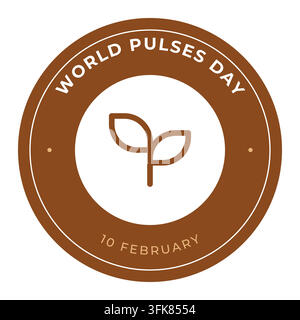 Welt-Puls-Tag (10. Februar) runder Badge oder Logo: kreisförmiger Text um ein Linien-Symbol auf einem ringförmigen Hintergrund in Lebensmittel-Tönen. Text als Umrisse. Vektorillustration, isoliert Stock Vektor