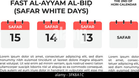 Klares Layouttemplate zur Hervorhebung der islamischen Ayyam al-Bid-Fastentage des Monats Safar mit Kalender-Symbolen und benutzerdefiniertem Text Stock Vektor