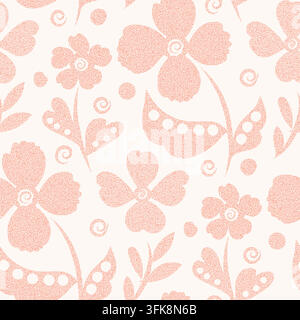Rosa Blockdruck-Effekt handgezeichneter floraler nahtloser Vektor-Muster-Hintergrund. Naive beiläufige dichte Blumen mit einem modernen Textur-Look. Beiläufig skizziert Stock Vektor