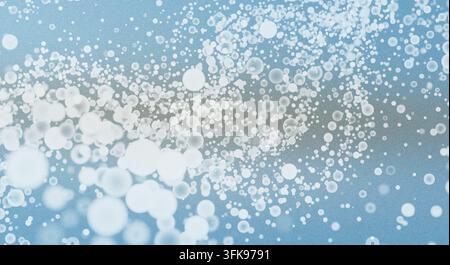 Eine abstrakte 3D-Darstellung mit einer fließenden Welle aus weißen, durchsichtigen Blasen und Partikeln vor einem texturierten blauen Farbverlaufshintergrund. Stockfoto