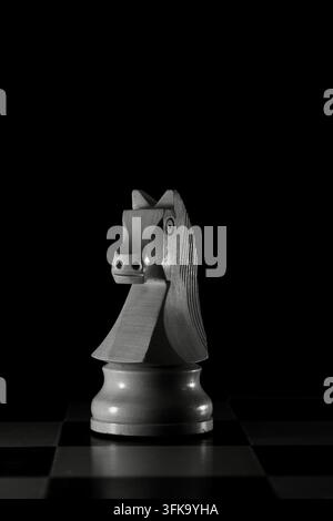 Eine dramatische Nahaufnahme eines einzelnen weißen Schachspringers auf einem Schachbrett. Die Figur ist von der Seite beleuchtet, wodurch starke Highlights und tiefe Schatten entstehen Stockfoto