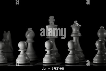 Eine Nahaufnahme, monochromes Foto von weißen Schachfiguren, die auf einem Schachbrett angeordnet sind. Die vordere Reihe der Bauern ist scharf im Fokus, während der König, die Dame und die Stockfoto