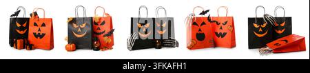 Halloween-Einkaufen und Feiertags-Einzelhandel, Papiergeschenktüten mit Jack-O-Lantern-Gesichtern und gruseligen Dekorationen für saisonale Verkäufe und Herbst-Partyzubehör Stockfoto