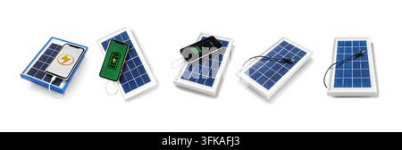 Erneuerbare Energien und nachhaltige Technologie, tragbare Solarpaneele laden Smartphones mit sauberer Elektrizität, isoliert auf weißem Hintergrund Stockfoto