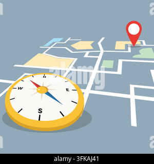 Grafische Illustration eines gelben Kompasses, der Richtungen auf einem Straßenkartenlayout mit einem roten Standortmarkierungssymbol zeigt, das Reisen, GPS und Routen symbolisiert. Stock Vektor