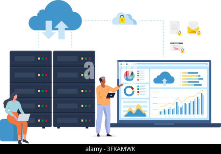 Menschen, die an einem Laptop und Server oder Cloud-Computing-Konzept arbeiten, Stockillustration. Stock Vektor