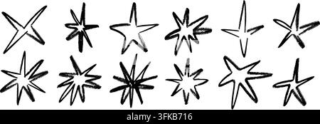 Handgezeichnetes Glitzerformenset. Schwarzer Pinselstrich-Sternskizzenkollektion. Vektorabstrakte magische Glitzerstrahlensammlung. Kinderkreide-Funkelstern-Doodle-Bundle für Aufkleber, Collage, Poster, Aufkleber, Etikett Stock Vektor
