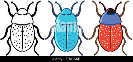 Vektorillustration von drei gefleckten Käfern in schwarzer Umrissdarstellung, monochrom blau und in farbigen Varianten. Stock Vektor