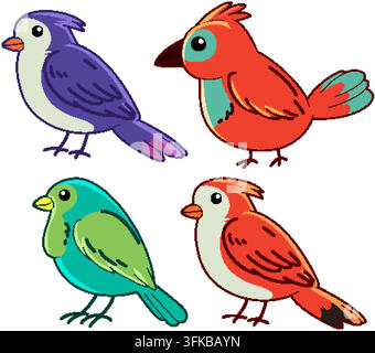 Niedliche Cartoon-Vogelillustrationen in hellen Farben mit schwarzen Umrissen auf weißem Hintergrund. Stock Vektor