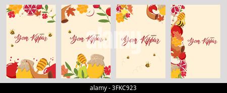 Set aus vier Yom-Kippur-Grüßkartendesigns mit dem Text "Frohes Yom Kippur", versehen mit Honiggläsern, Bienen, Granatäpfeln, Äpfeln, Schofaren und Herbstblättern. Stockfoto