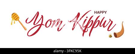 Festliche Yom-Kippur-Grafik mit "Happy Yom Kippur"-Text in roter Schrift, Honighäufel mit tropfendem Honig, Schofar und Biene. Symbolisches Design perfekt für Juden Stockfoto