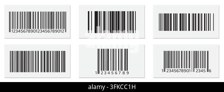 Barcode-Vektor-Icons mit Seriennummer und Preisschild, realistisches Vektordesign isoliert auf Hintergrund. Schwarz-weiß-Datenliniencode für Produktidentifikation, Einzelhandelsverpackung, Supermarktaufkleber Stock Vektor