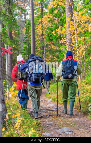 Wanderfrauen gehen einen schmalen Waldweg mit Herbstlaub entlang Stockfoto