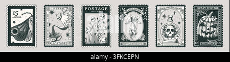Vintage-Halloween-Briefmarkensammlung mit handgezeichneten Postrahmen. Mystische Hexerei-Vektorelemente im Retro-Stil. Gruselige Grabsteine und Rabe für Feiertagsbriefe. Altes graviertes Set Stock Vektor