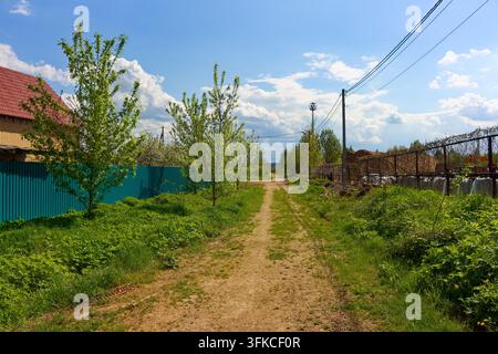 Sandiger Erdweg, der durch üppiges grünes Gras führt, flankiert von lebhaften jungen Bäumen und einem rustikalen Zaun unter einem herrlich hellblauen Himmel, der mit Flusenschnäppchen übersät ist Stockfoto