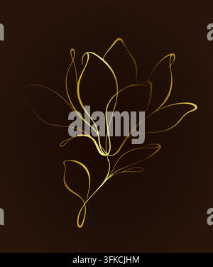 Eine goldene Blume, die mit einer einzigen Linie auf einem dunklen Hintergrund gezeichnet wurde. Handgezeichnet. Nicht KI. Vektorillustration. Stock Vektor