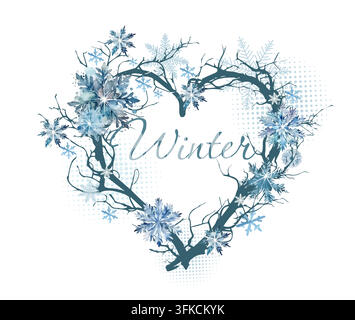 Herzförmiger Weihnachtszweigrahmen. Ich liebe den Winter. Handgezeichnet. Nicht KI, Vektorillustration. Stock Vektor