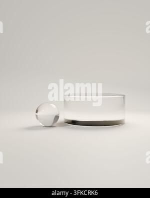 Vertikale Aufnahme eines transparenten Glaspodests mit Kopierplatz auf neutralem hellem Hintergrund für Produkt-Mockup Stockfoto