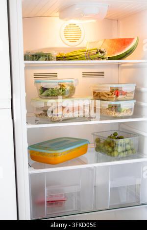 Offener Kühlschrank, der ordentlich mit gesunden Lebensmitteln organisiert ist, frische Gemüse, Obst und zubereitete Mahlzeiten, die in wiederverwendbaren Behältern zu Hause aufbewahrt werden. Stockfoto