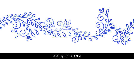 Rahmen mit Locken und Blättern, lineare Vektorillustration. Nahtloser Rahmen für Hochzeitseinladungen, Grußkarten, Seitenteiler, Zertifikate und Stock Vektor