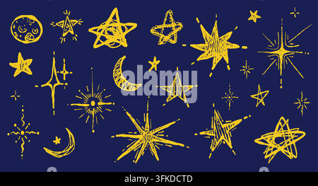 Niedliches Buntstift-Malen-Illustrationsset mit farbenfrohen Sternen, magischen Funken und himmlischen Formen. Stock Vektor