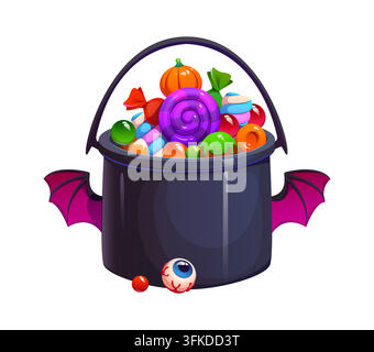 Cartoon gruseliges Halloween-Fässchen gefüllt mit bunten Süßigkeiten, Bonbons, Lutschern und winzigen Zuckerkürbissen. Vektor-Schwarzer Behälter zeigt Fledermausflügel und Stock Vektor