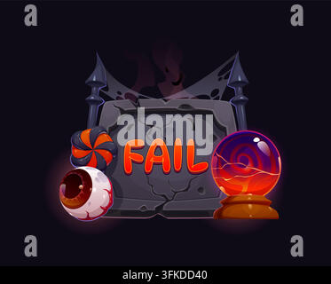 Cartoon-Halloween-Arcade-Spiel-Level-Verlust- und Scheiternsymbol mit gruseligen Magiegegenständen als gesprungene Stein-Scheiterntafel, blutigem Augapfel, gestreiftem Süßigkeiten und Weinen Stock Vektor