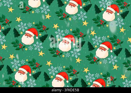 Nahtloses Weihnachtsmuster mit dem Weihnachtsmann, Stechpalme, Schneeflocken, Sternen und Bäumen auf grünem Hintergrund. Weihnachtspapier, Feiertagswandtapete. Stockfoto