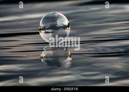 Dunkles Wasser trägt eine schimmernde Blase und ein kühnes gläsernes Zwilling darunter. Dezente Regenbögen streifen die Oberfläche, während der Kontrast sich vertieft und einfache Wellen in Stockfoto
